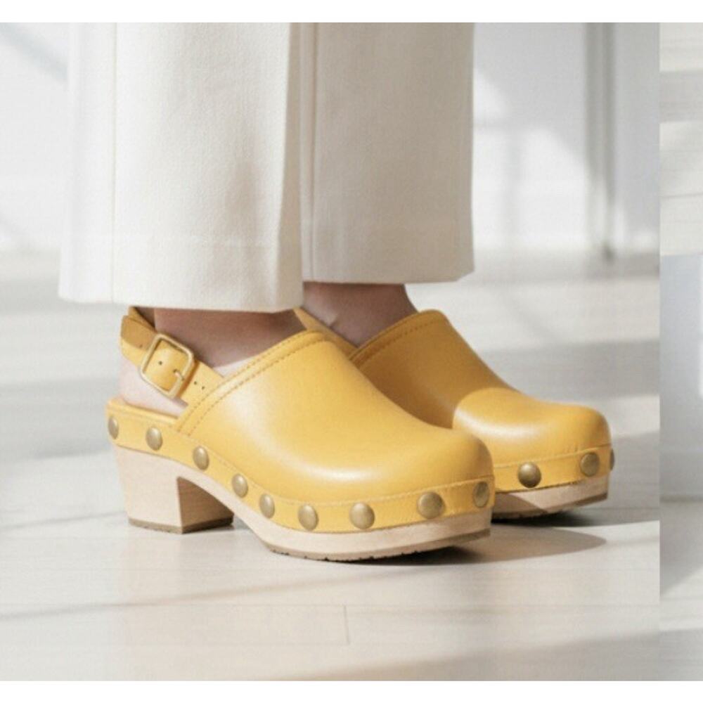Charlotte Stone Jona Platform Slingback Studded Clogs Yellow Leather Size 7 Chic